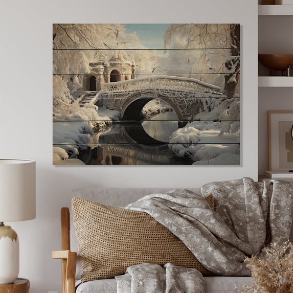 Designart "Bridges Blanketed in Snow" Landscapes Print on Natural Pine Wood