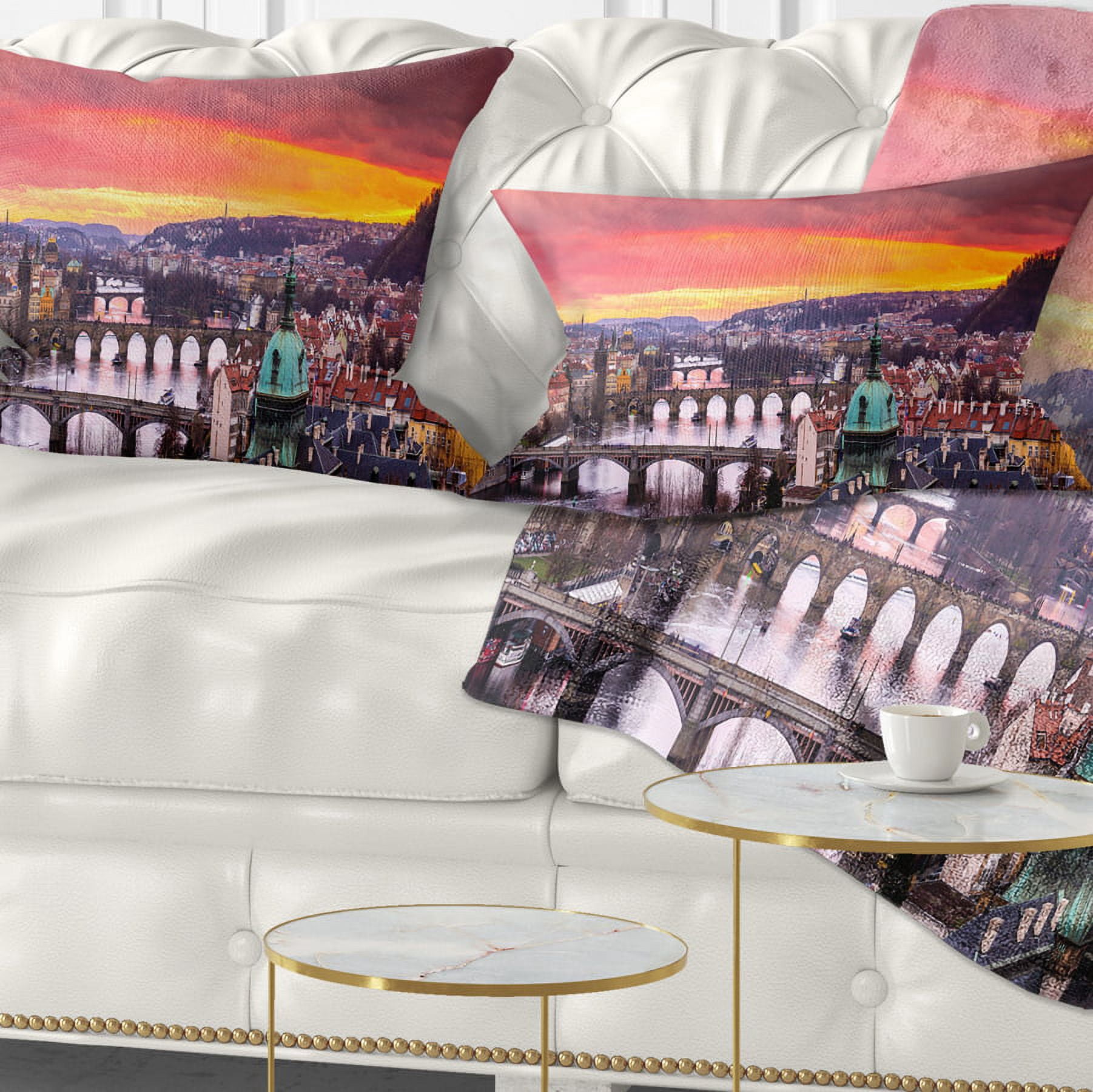 Designart Bridges in Prague Panorama - Landscape Printed Throw Pillow - 12x20