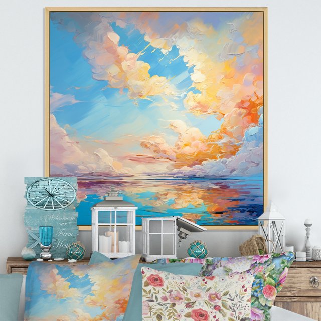 Designart "Bright Aqua Clouds Fluid Art" Clouds Floater Framed Wall Decor