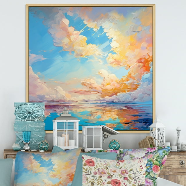 Designart "Bright Aqua Clouds Fluid Art" Clouds Floater Framed Wall Decor