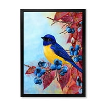 Designart 'Bright Bird Bullfinch Sitting On A Branch of Berries I' Traditional Framed Art Print