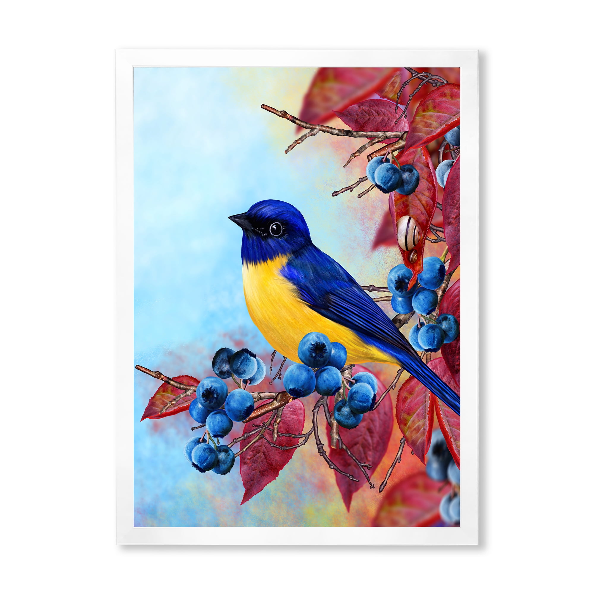 Designart 'Bright Bird Bullfinch Sitting On A Branch of Berries I' Traditional Framed Art Print
