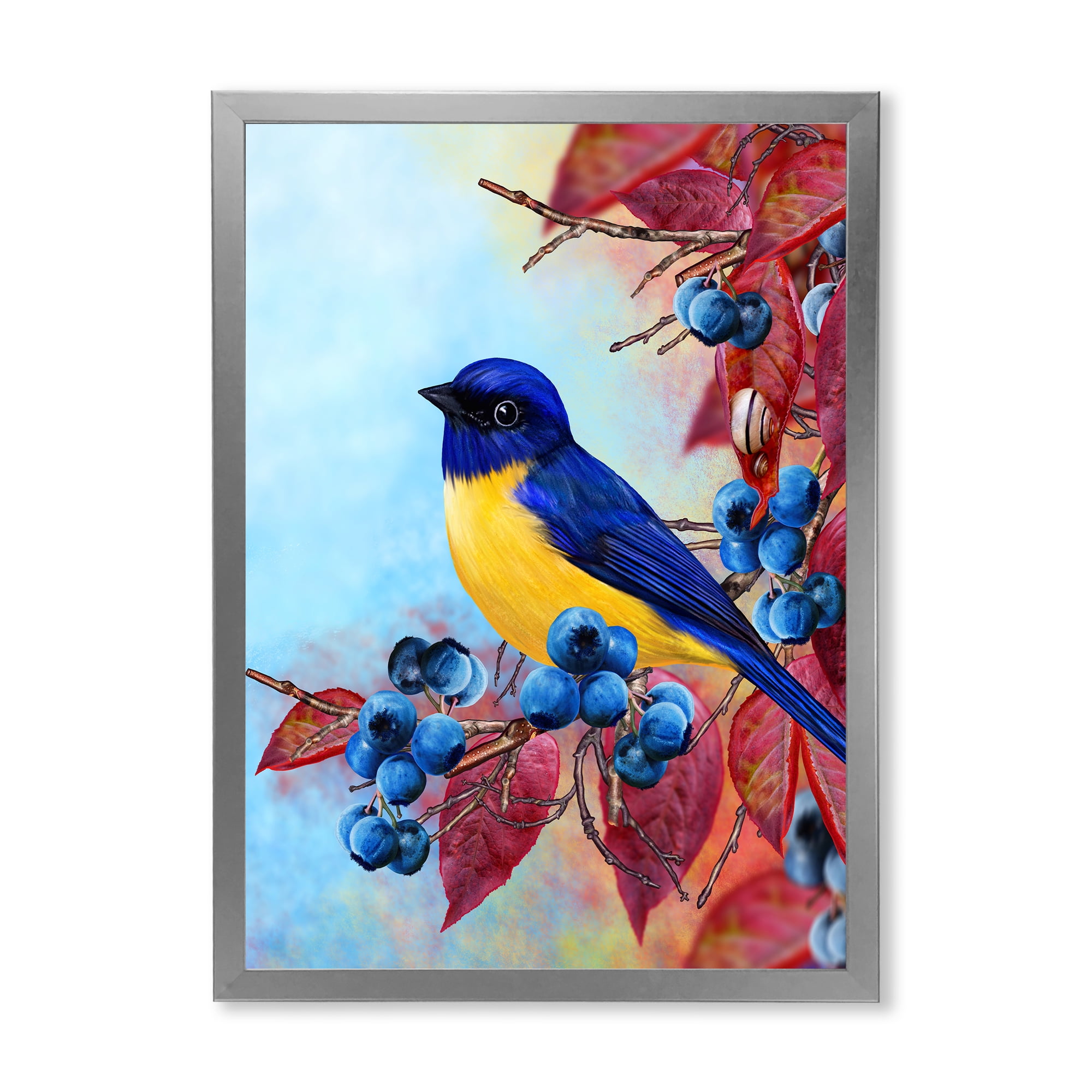 Designart 'Bright Bird Bullfinch Sitting On A Branch of Berries I' Traditional Framed Art Print