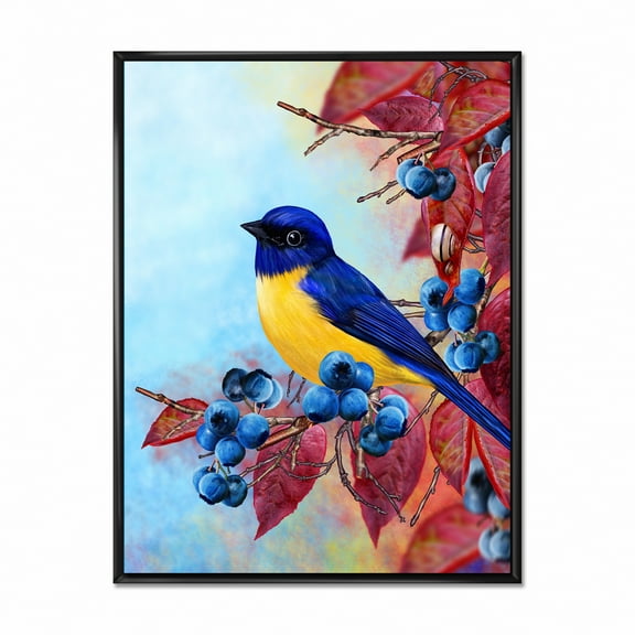Designart 'Bright Bird Bullfinch Sitting On A Branch of Berries I' Traditional Framed Canvas Wall Art Print