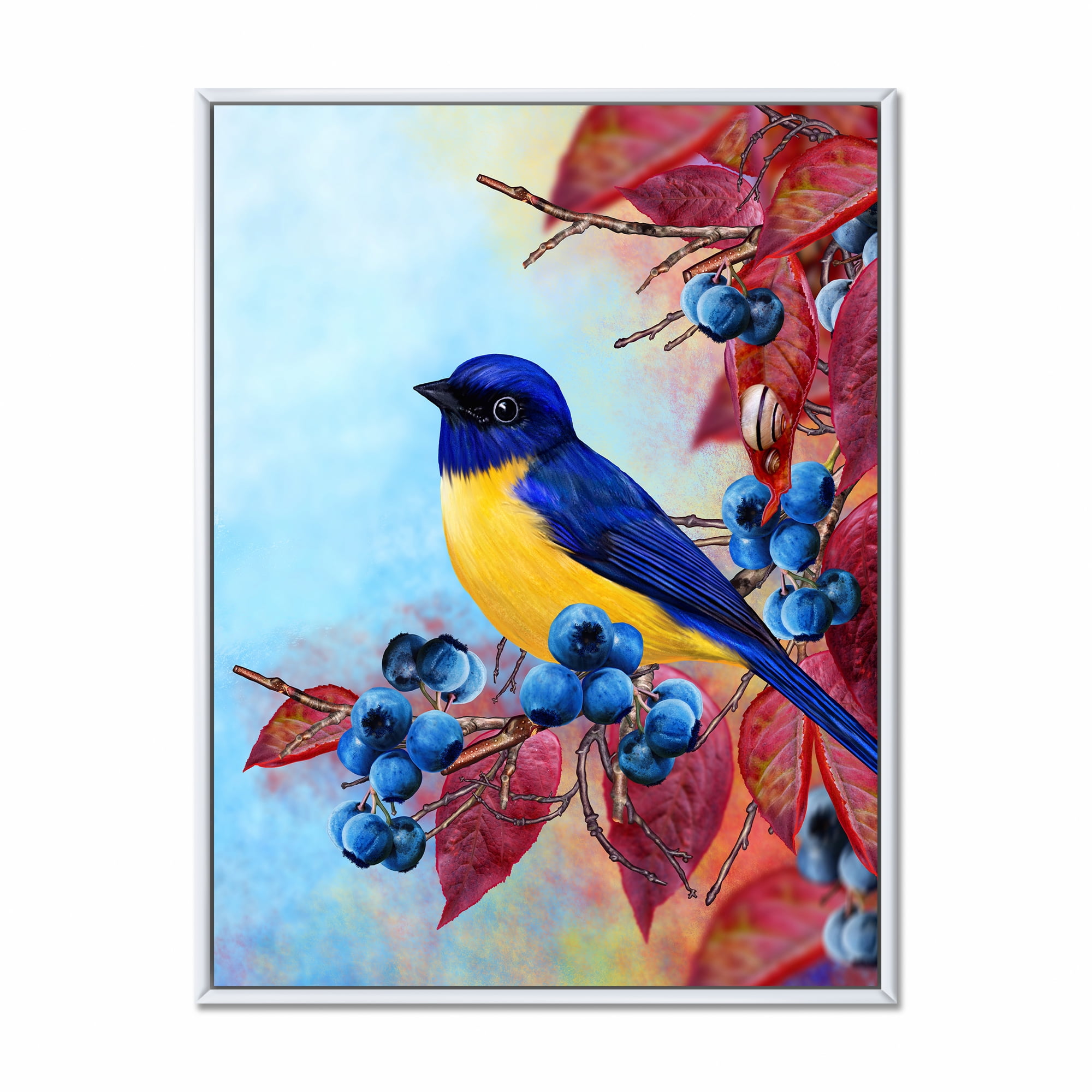 Designart 'Bright Bird Bullfinch Sitting On A Branch of Berries I' Traditional Framed Canvas Wall Art Print