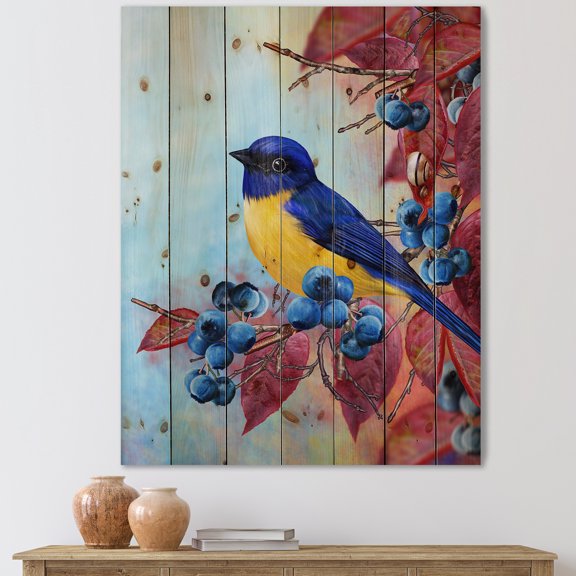 Designart 'Bright Bird Bullfinch Sitting On A Branch of Berries I' Traditional Print on Natural Pine Wood