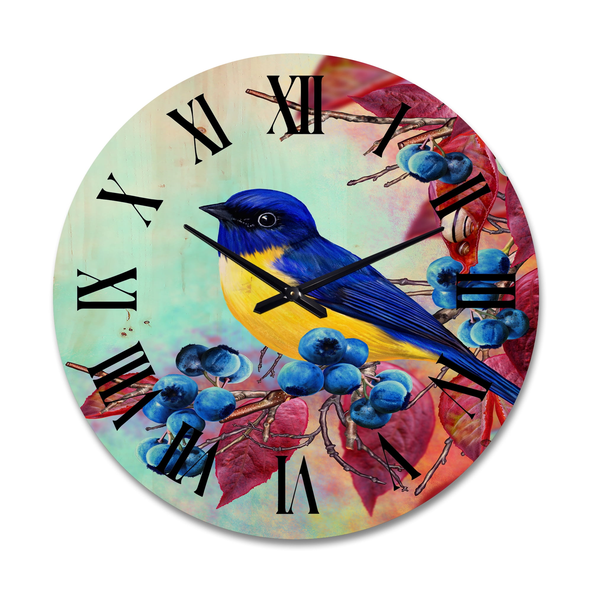 Designart 'Bright Bird Bullfinch Sitting On A Branch of Berries I' Traditional Wood Wall Clock