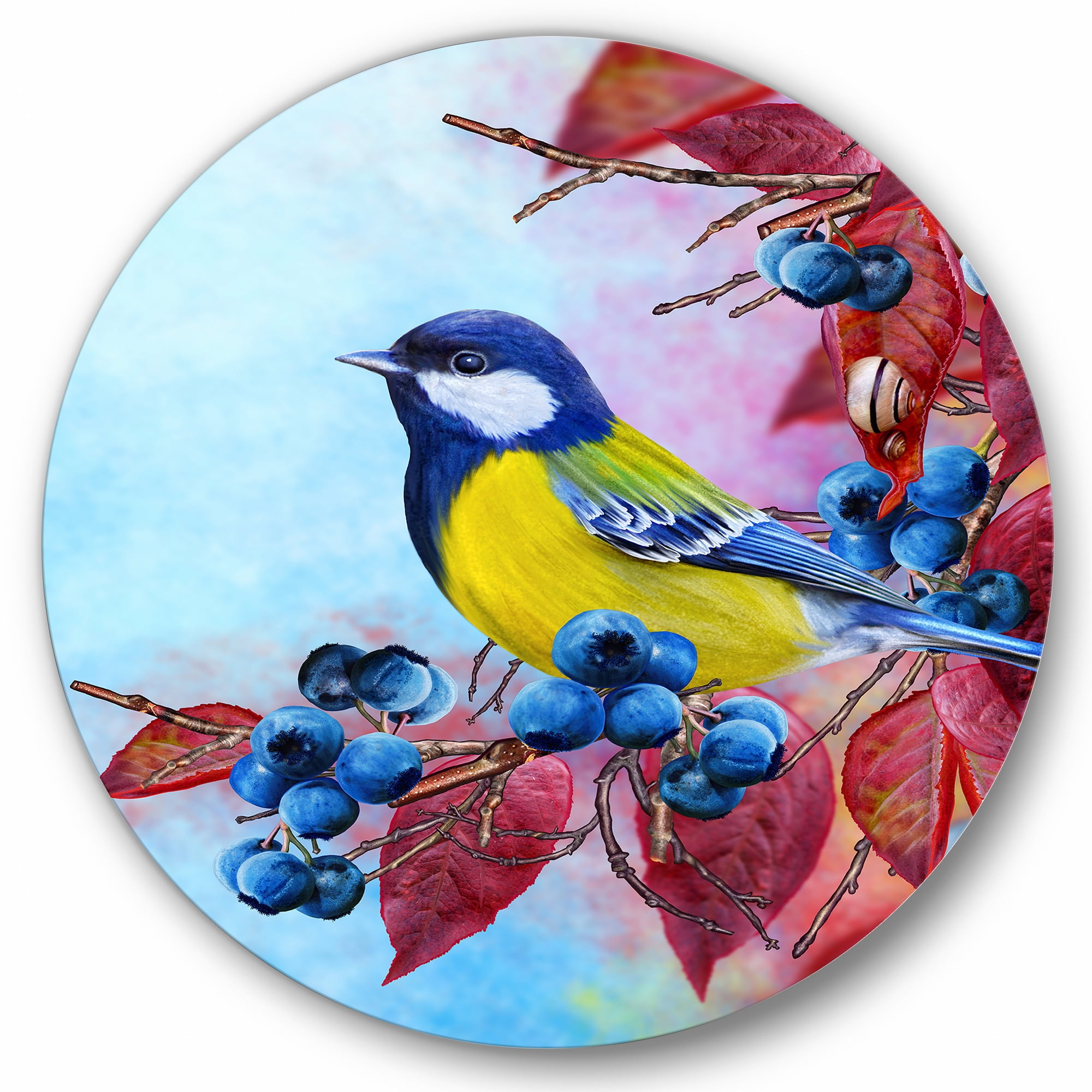Designart 'Bright Bird Bullfinch Sitting On A Branch of Berries II' Traditional Circle Metal Wall Art 36x36 - Disc of 36