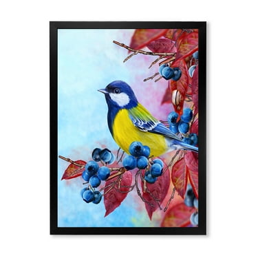 Designart 'Bright Bird Bullfinch Sitting On A Branch of Berries II' Traditional Framed Art Print