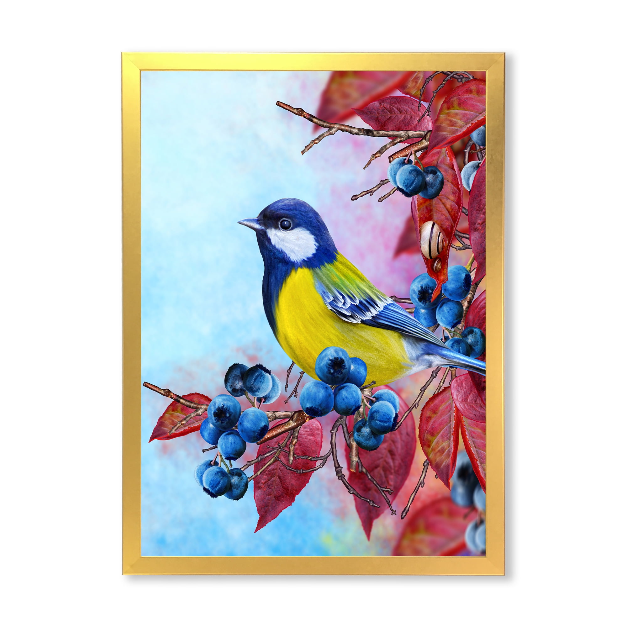Designart 'Bright Bird Bullfinch Sitting On A Branch of Berries II' Traditional Framed Art Print