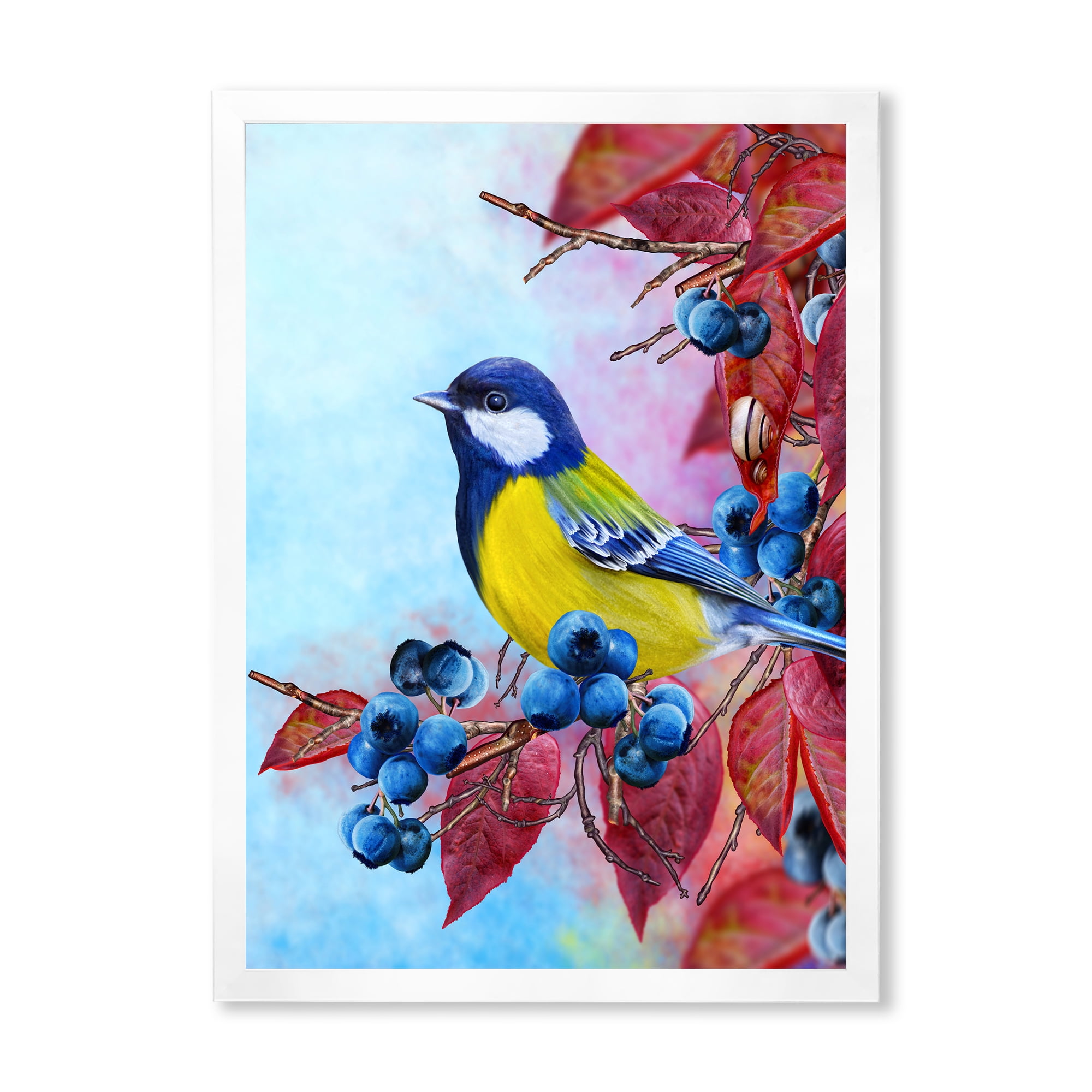 Designart 'Bright Bird Bullfinch Sitting On A Branch of Berries II' Traditional Framed Art Print