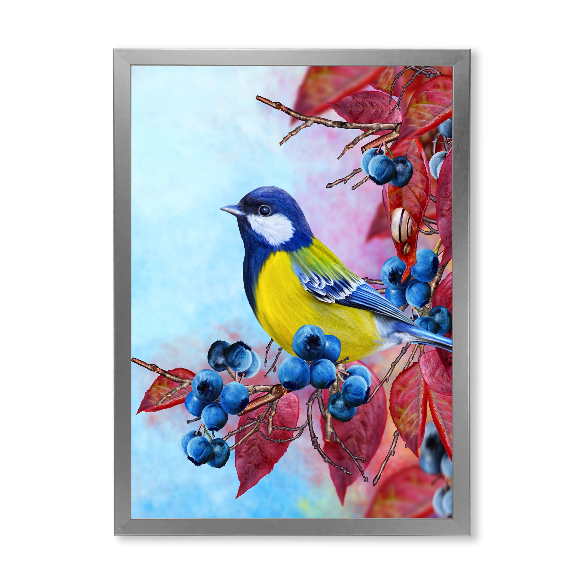 Designart 'Bright Bird Bullfinch Sitting On A Branch of Berries II' Traditional Framed Art Print