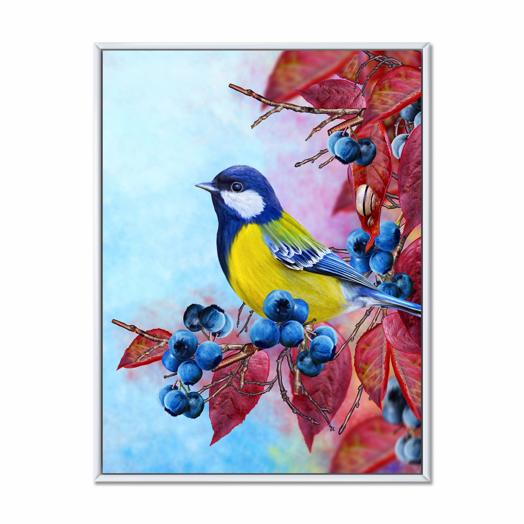 Designart 'Bright Bird Bullfinch Sitting On A Branch of Berries II' Traditional Framed Canvas Wall Art Print