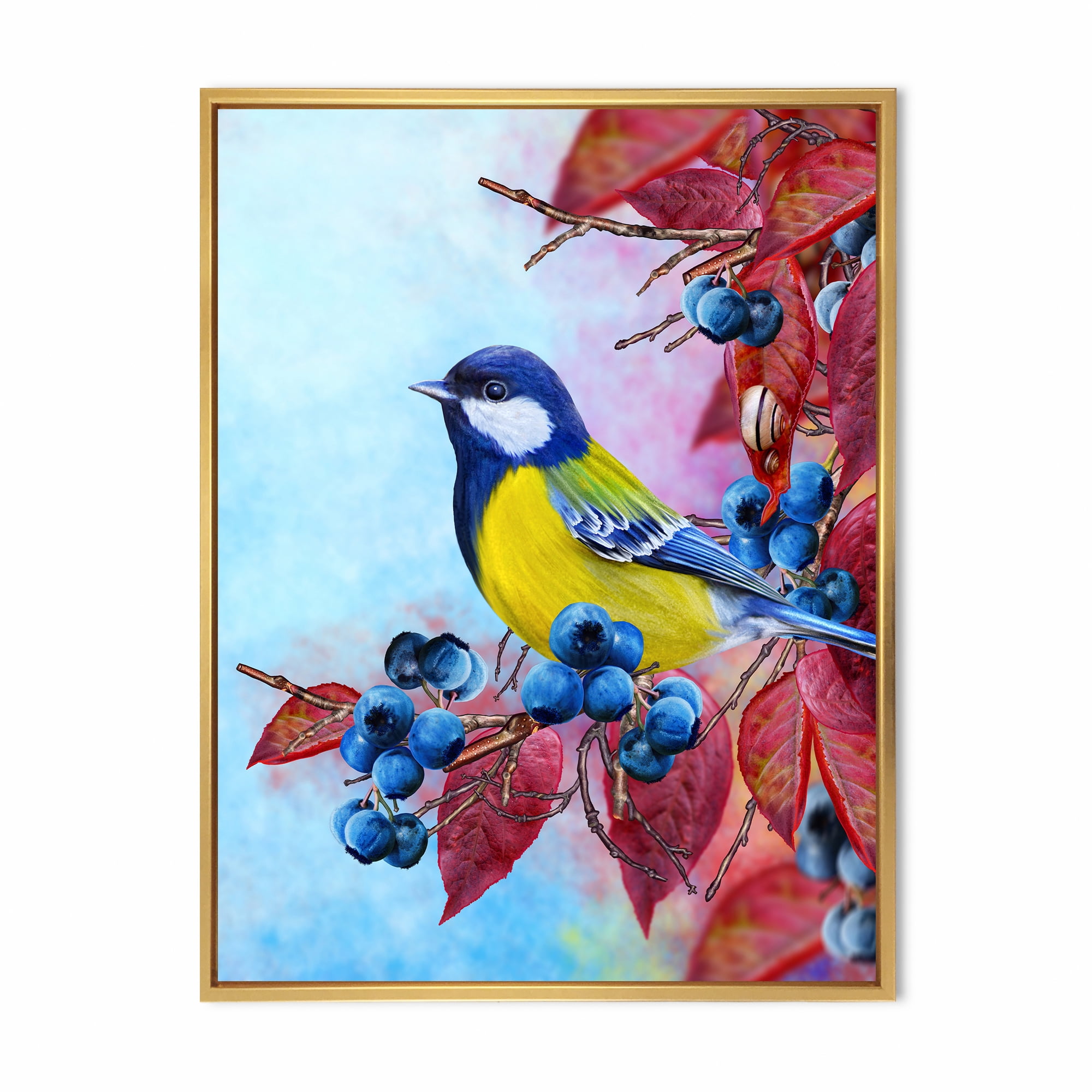 Designart 'Bright Bird Bullfinch Sitting On A Branch of Berries II' Traditional Framed Canvas Wall Art Print