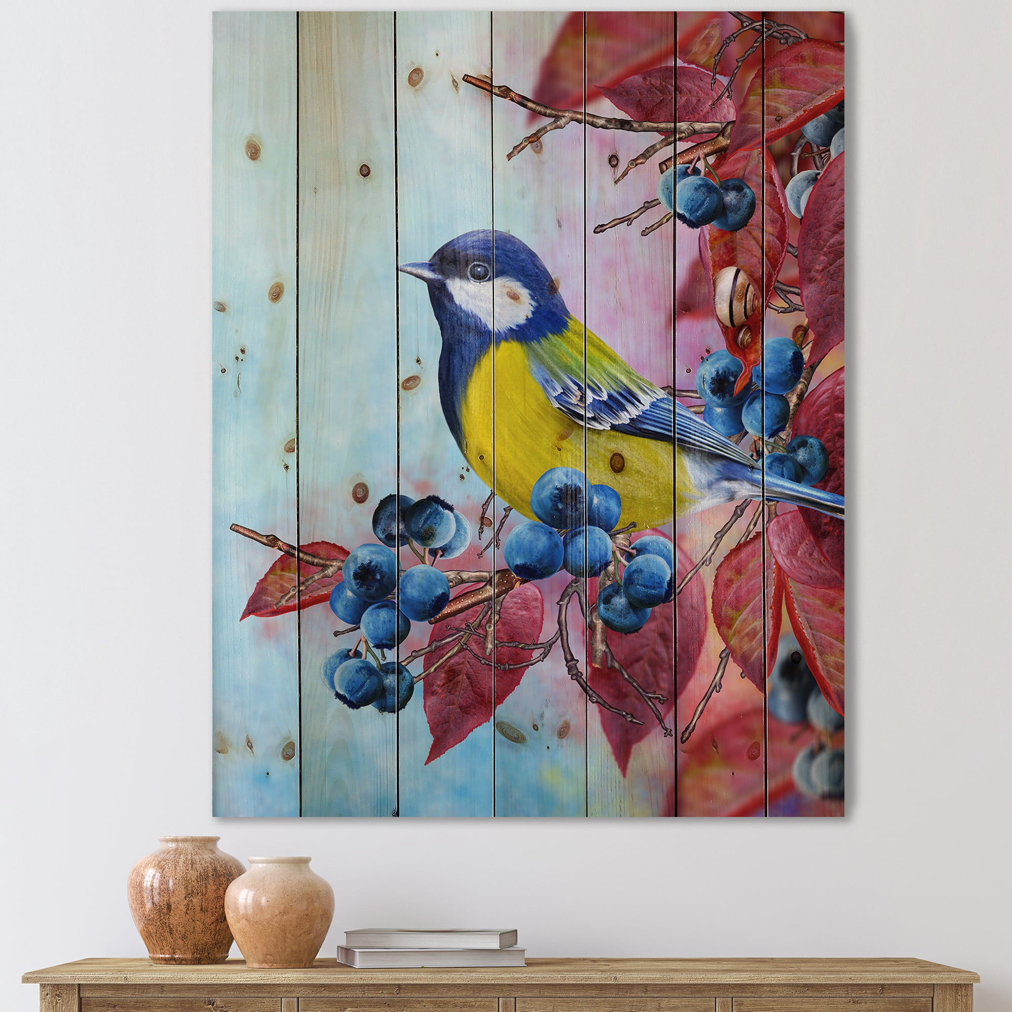 Designart 'Bright Bird Bullfinch Sitting On A Branch of Berries II' Traditional Print on Natural Pine Wood