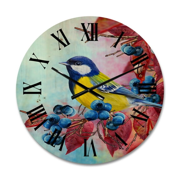 Designart 'Bright Bird Bullfinch Sitting On A Branch of Berries II' Traditional Wood Wall Clock