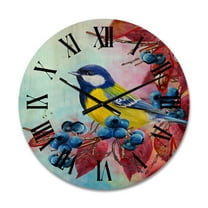 Designart 'Bright Bird Bullfinch Sitting On A Branch of Berries II' Traditional Wood Wall Clock
