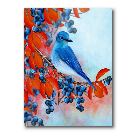 Designart ' Bright Bird Bullfinch Sitting On A Branch of Berries III ' Traditional Canvas Wall Art Print
