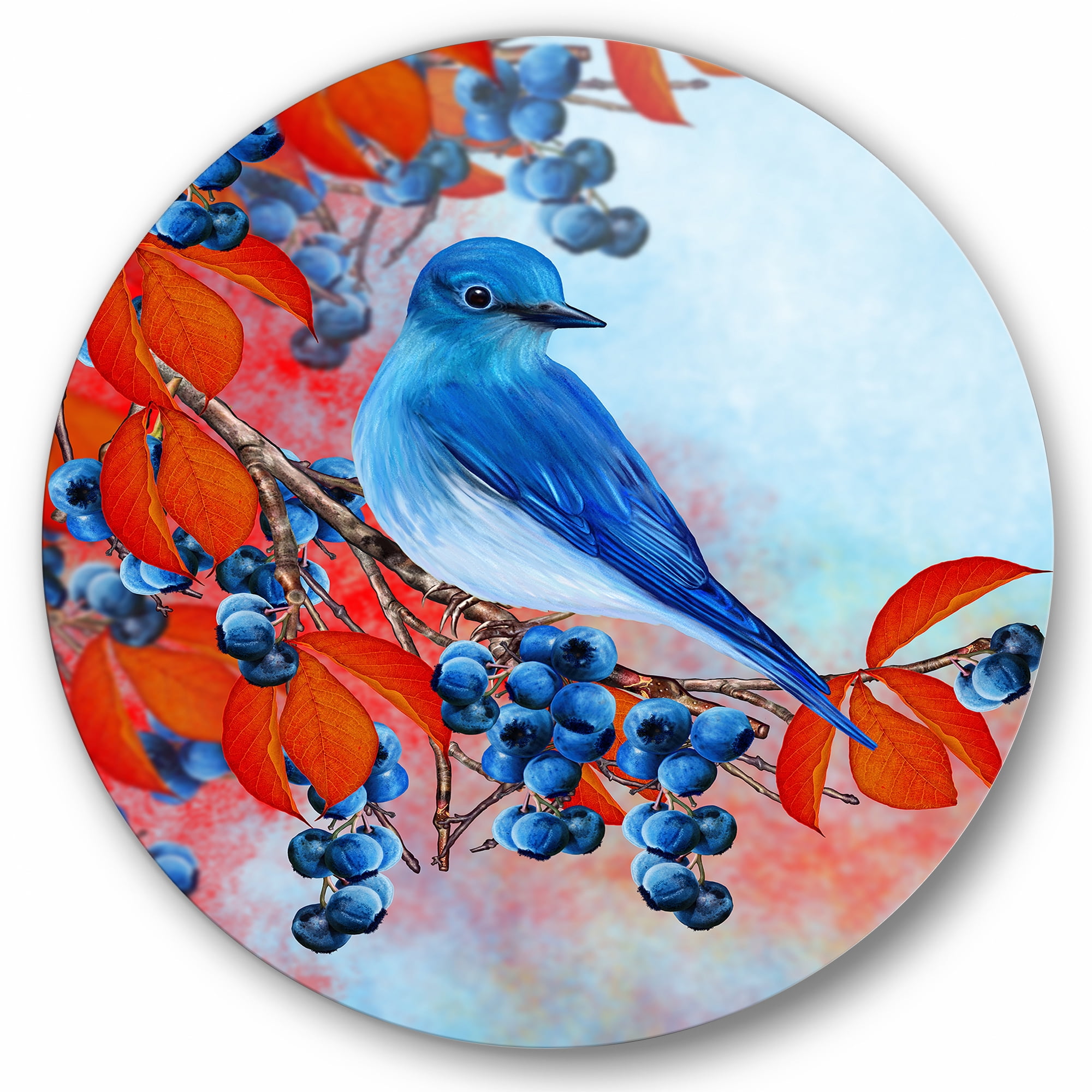 Designart 'Bright Bird Bullfinch Sitting On A Branch of Berries III' Traditional Circle Metal Wall Art 11x11 - Disc of 11