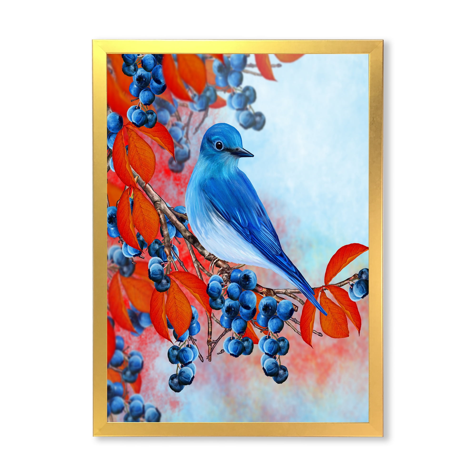 Designart 'Bright Bird Bullfinch Sitting On A Branch of Berries III' Traditional Framed Art Print