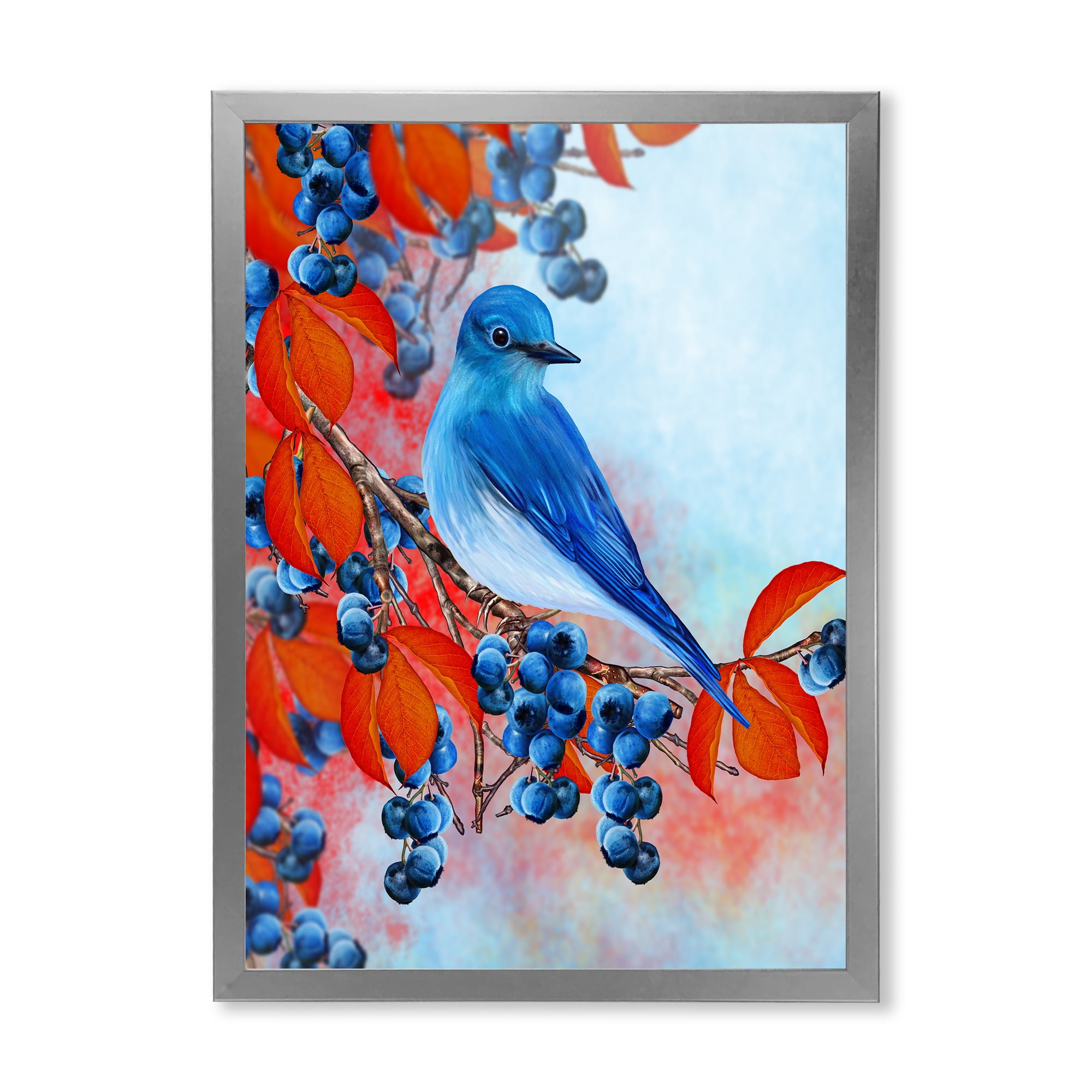 Designart 'Bright Bird Bullfinch Sitting On A Branch of Berries III' Traditional Framed Art Print