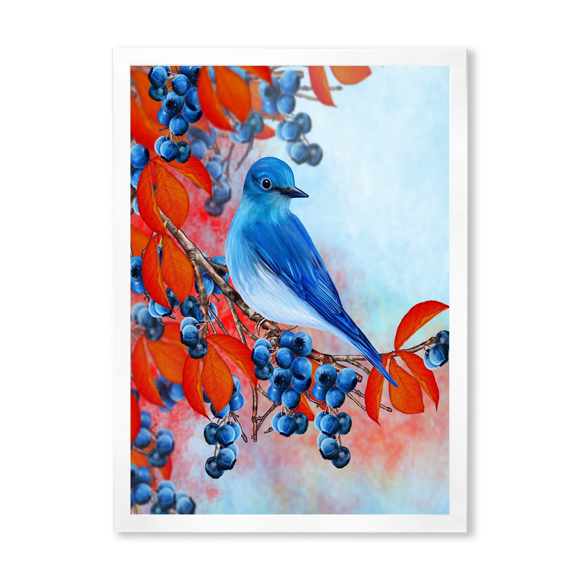 Designart 'Bright Bird Bullfinch Sitting On A Branch of Berries III' Traditional Framed Art Print