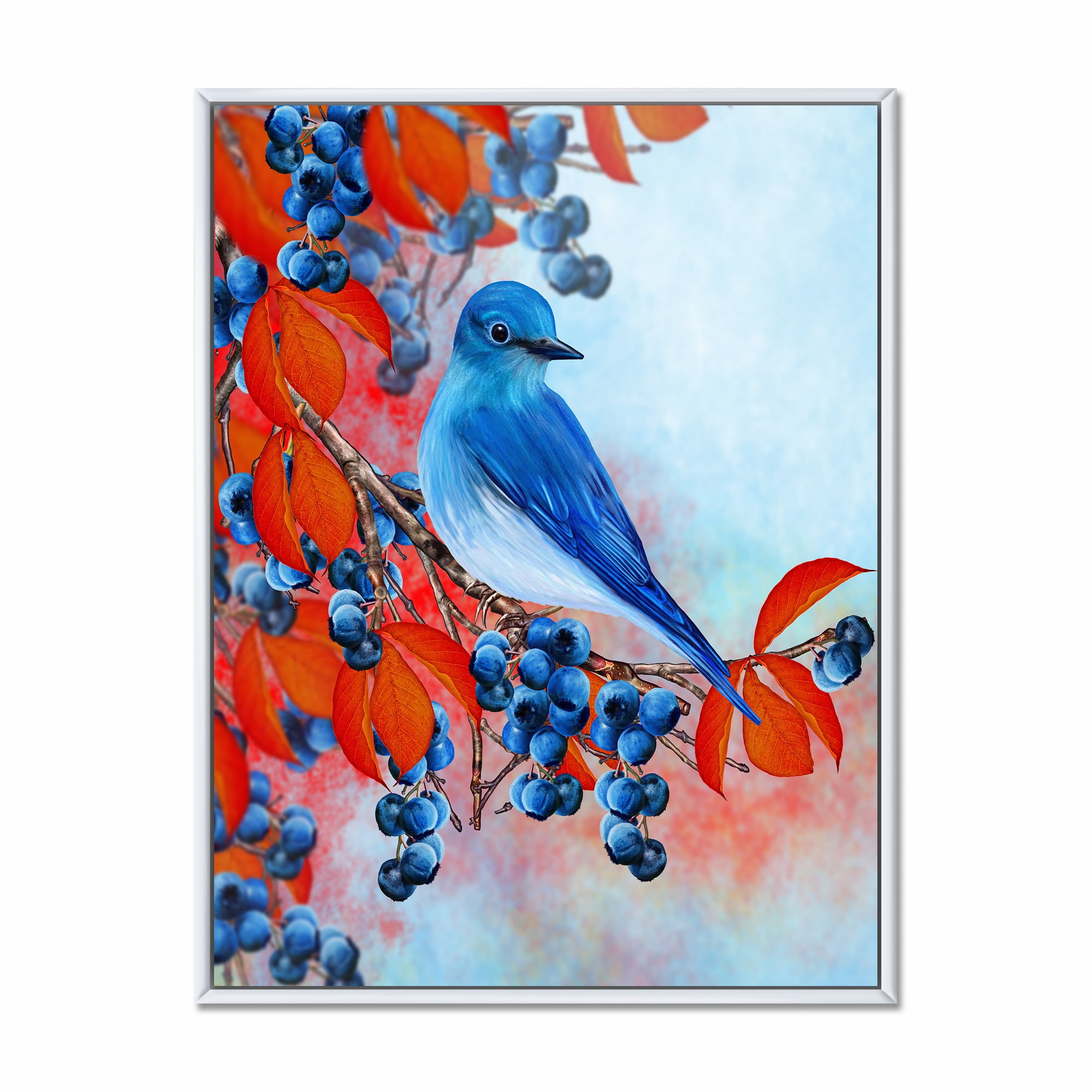 Designart 'Bright Bird Bullfinch Sitting On A Branch of Berries III' Traditional Framed Canvas Wall Art Print