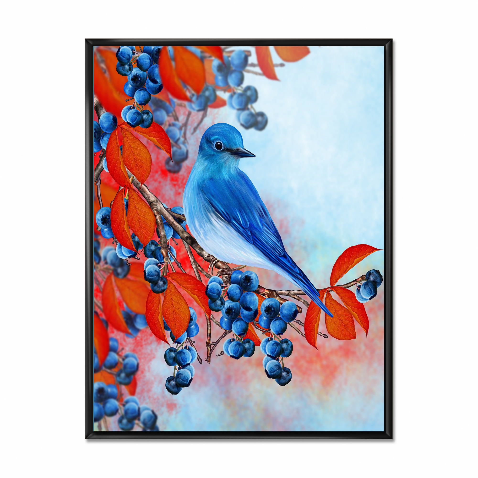 Designart 'Bright Bird Bullfinch Sitting On A Branch of Berries III' Traditional Framed Canvas Wall Art Print