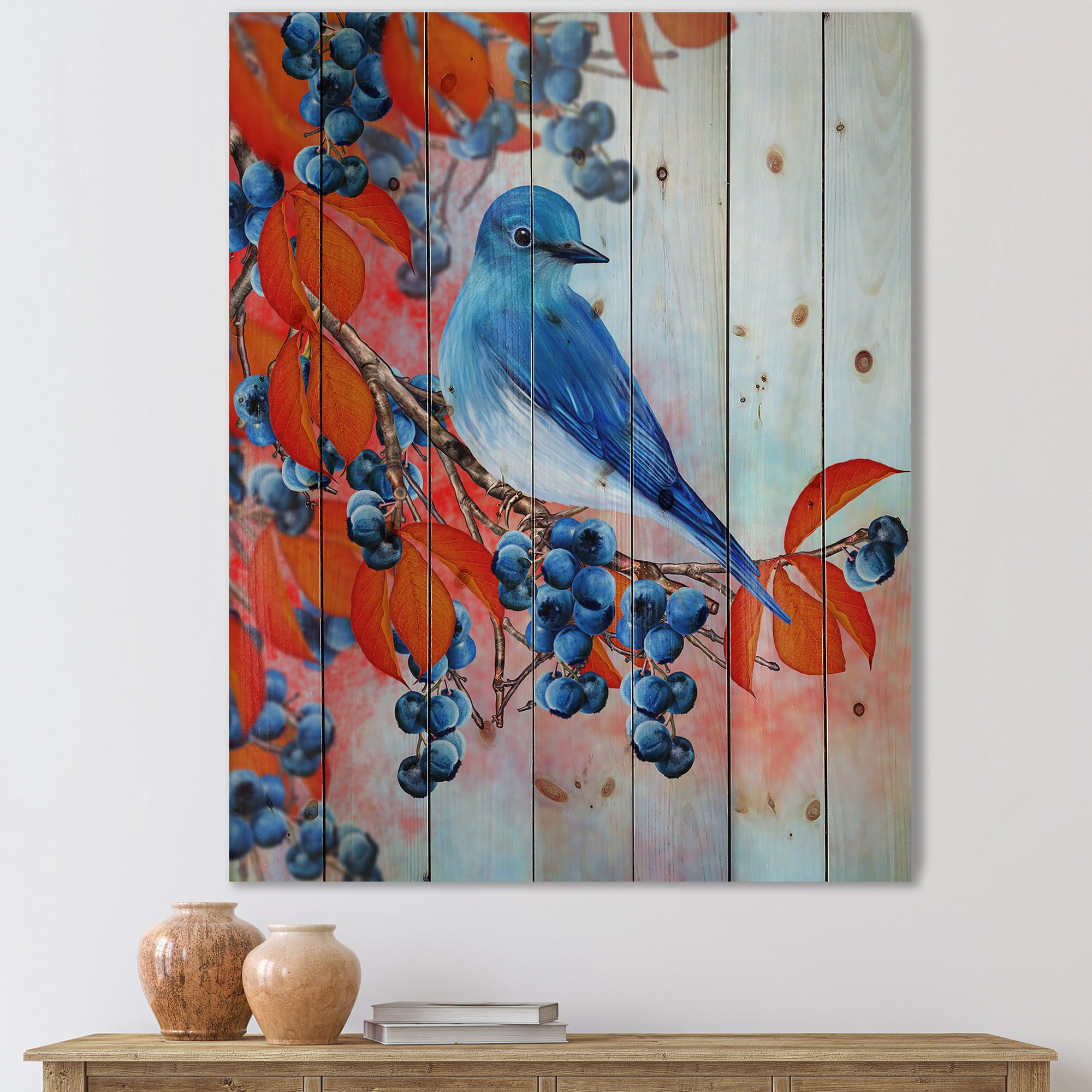 Designart 'Bright Bird Bullfinch Sitting On A Branch of Berries III' Traditional Print on Natural Pine Wood