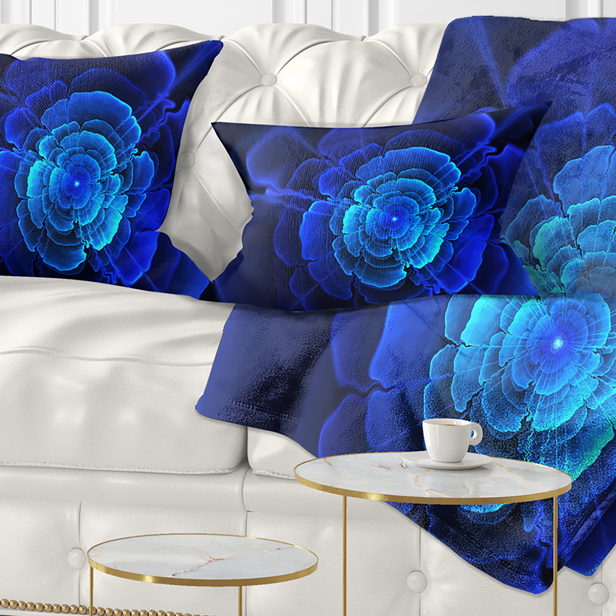 Designart Bright Blue Fractal Flower in Dark - Floral Throw Pillow - 12x20