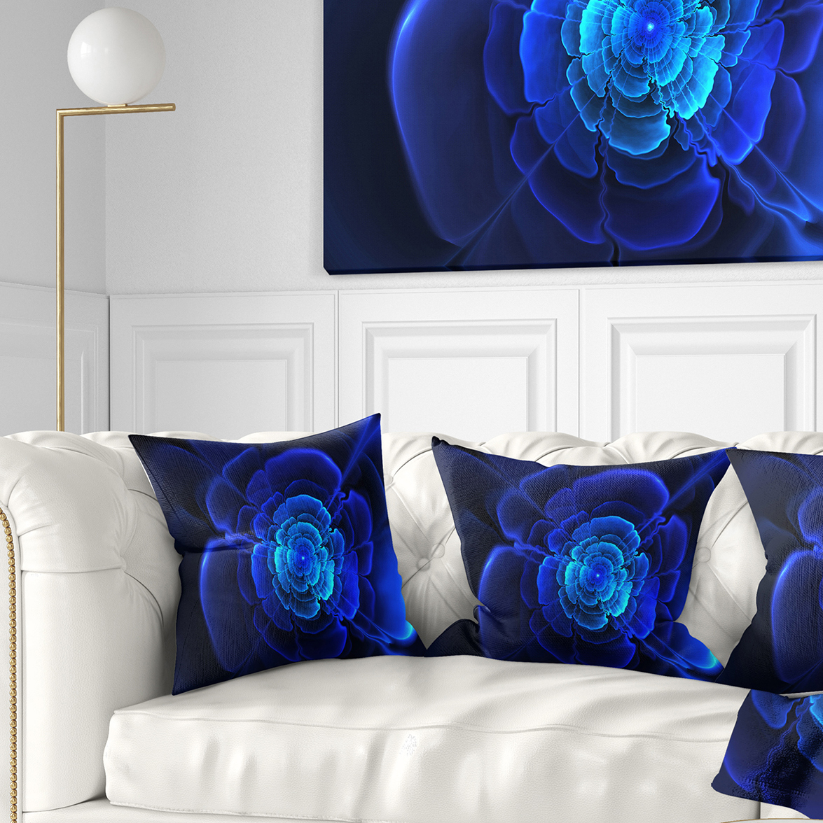 Designart Bright Blue Fractal Flower in Dark - Floral Throw Pillow - 18x18