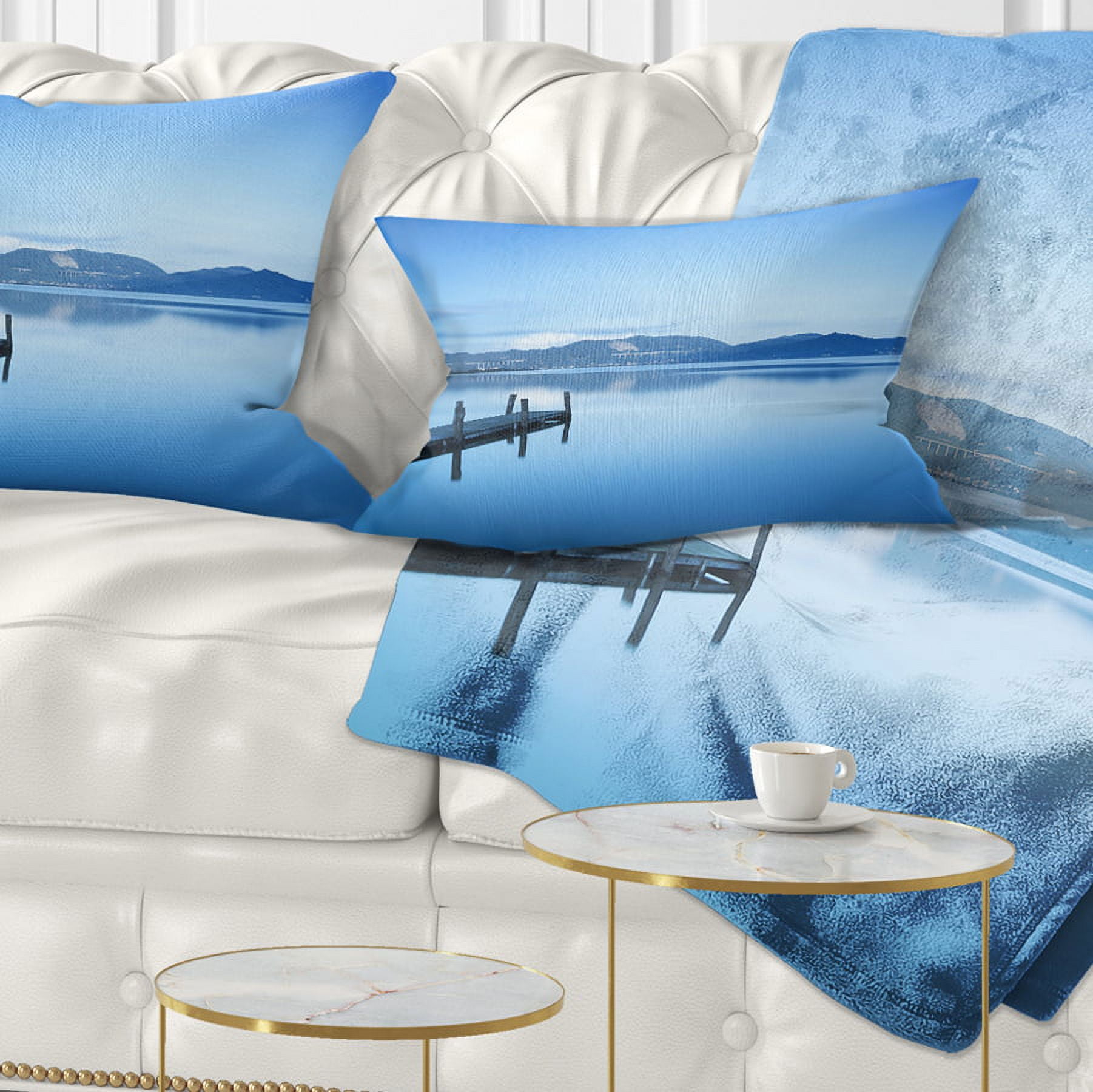 Designart Bright Blue Sky with Pier - Seascape Throw Pillow - 12x20