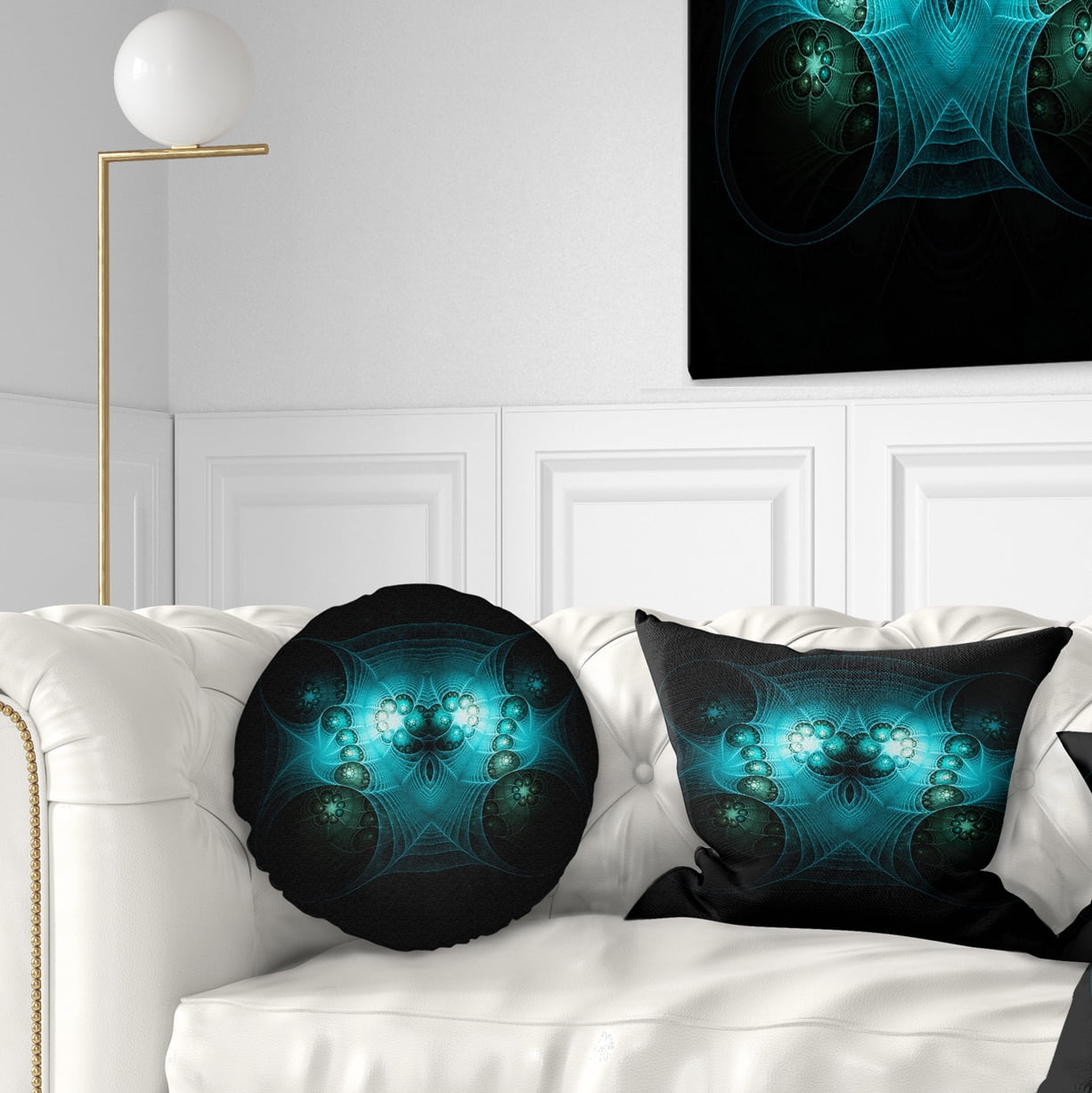 Designart Bright Blue in Black Fractal Flower - Abstract Throw Pillow - 12x20