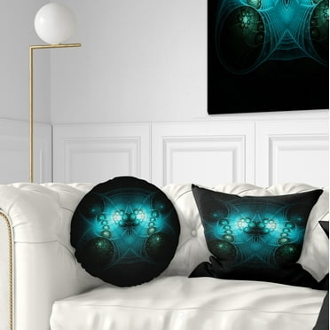 Designart Bright Blue in Black Fractal Flower - Abstract Throw Pillow - 12x20