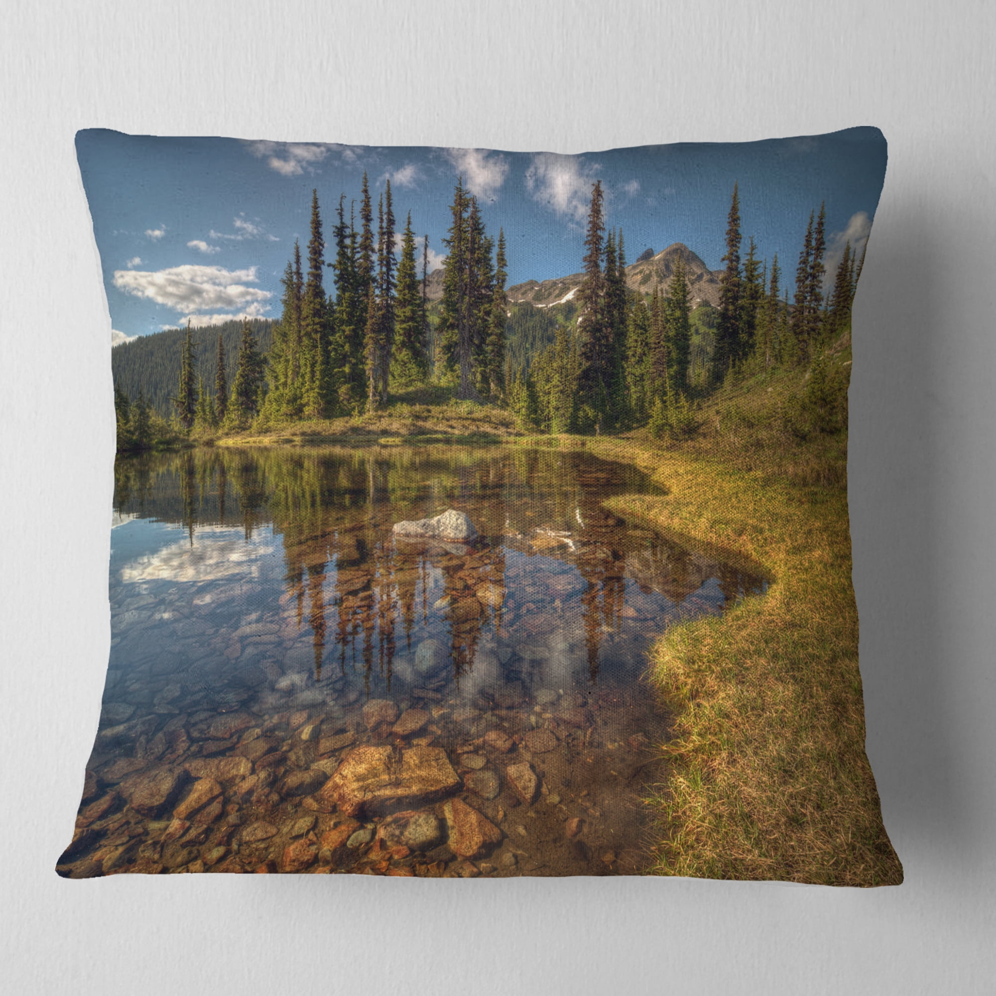 Designart Bright Clear Day and Clear Lake - Landscape Printed Throw Pillow - 16x16