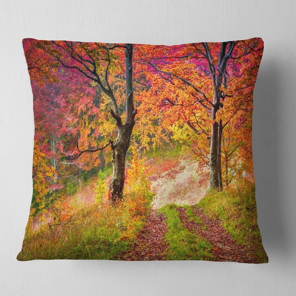 Designart Bright Colorful Fall Trees in Forest - Landscape Printed Throw Pillow - 16x16