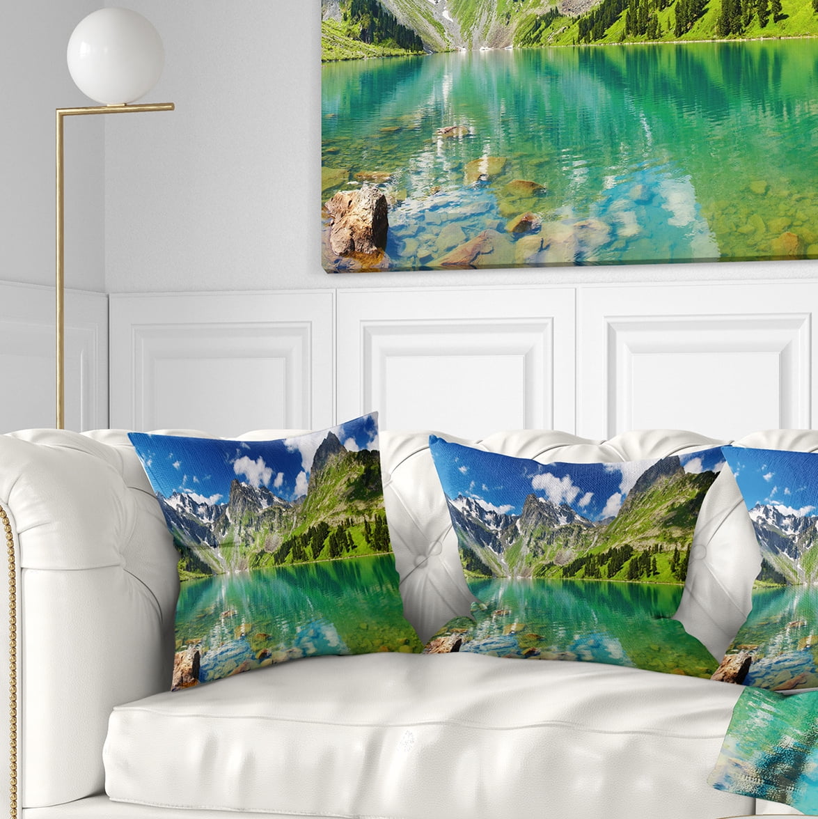 Designart Bright Day Mountain Lake - Photography Throw Pillow - 16x16