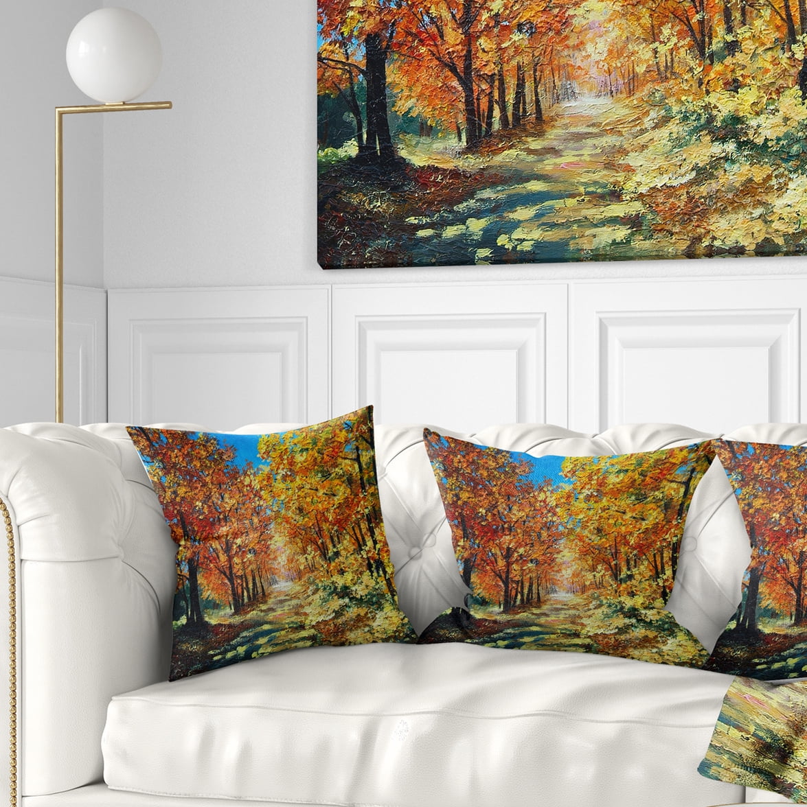 Designart Bright Day in Autumn Forest - Landscape Printed Throw Pillow - 18x18