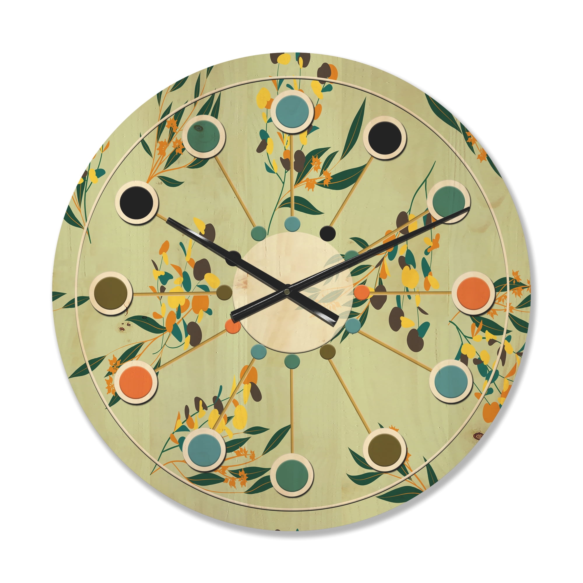 Designart 'Bright Eucalyptus Floral Retro Pattern III' Mid-Century Modern Wood Wall Clock