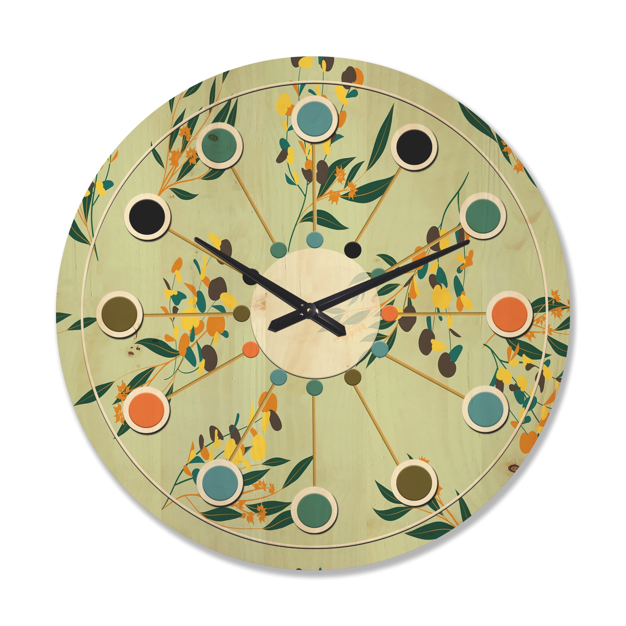 Designart 'Bright Eucalyptus Floral Retro Pattern III' Mid-Century Modern Wood Wall Clock