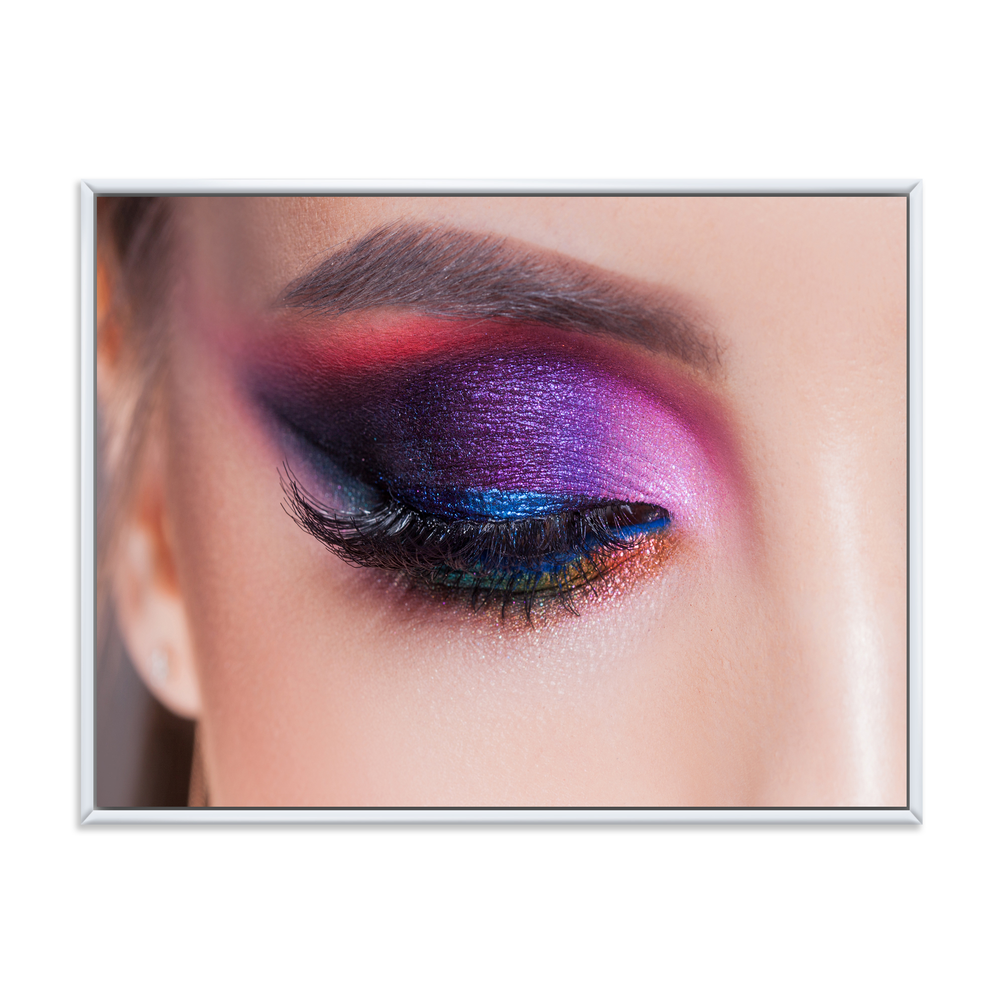 Designart 'Bright Eye Makeup In Luxurious Blue And Pink Shades' Modern Framed Canvas Wall Art Print