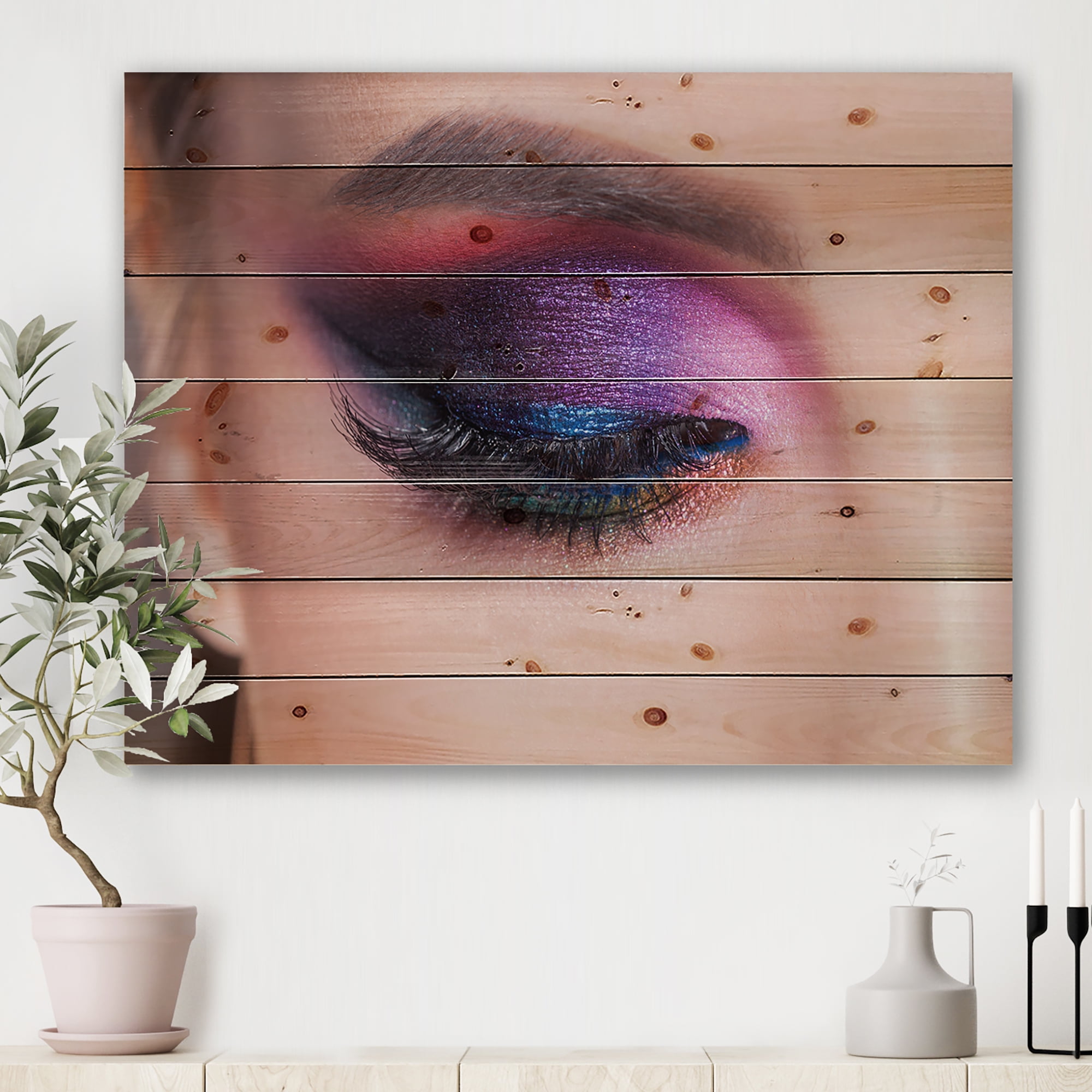 Designart 'Bright Eye Makeup In Luxurious Blue And Pink Shades' Modern Print on Natural Pine Wood