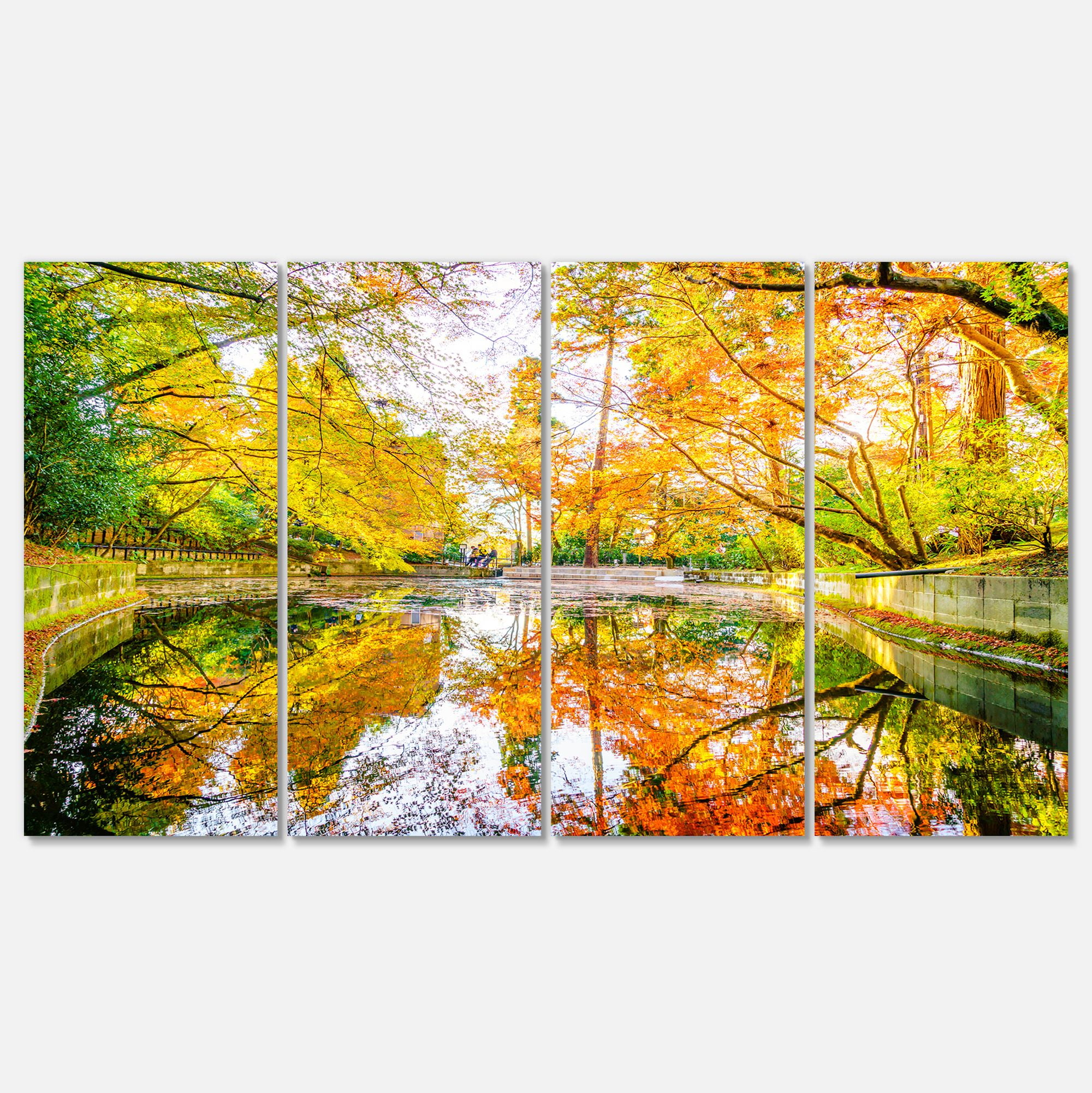 Designart 'Bright Fall Forest with River ' Landscape Canvas Art Print