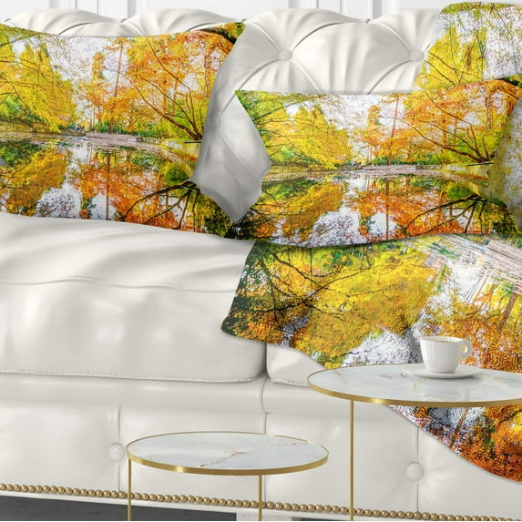 Designart Bright Fall Forest with River - Landscape Printed Throw Pillow - 12x20
