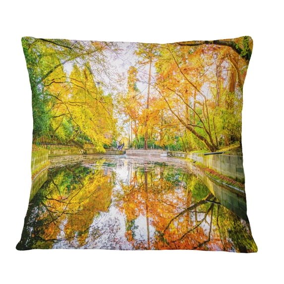 Designart Bright Fall Forest with River - Landscape Printed Throw Pillow - 16x16