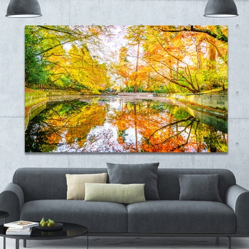 Designart 'Bright Fall Forest with River ' Large landscape Canvas Art Print