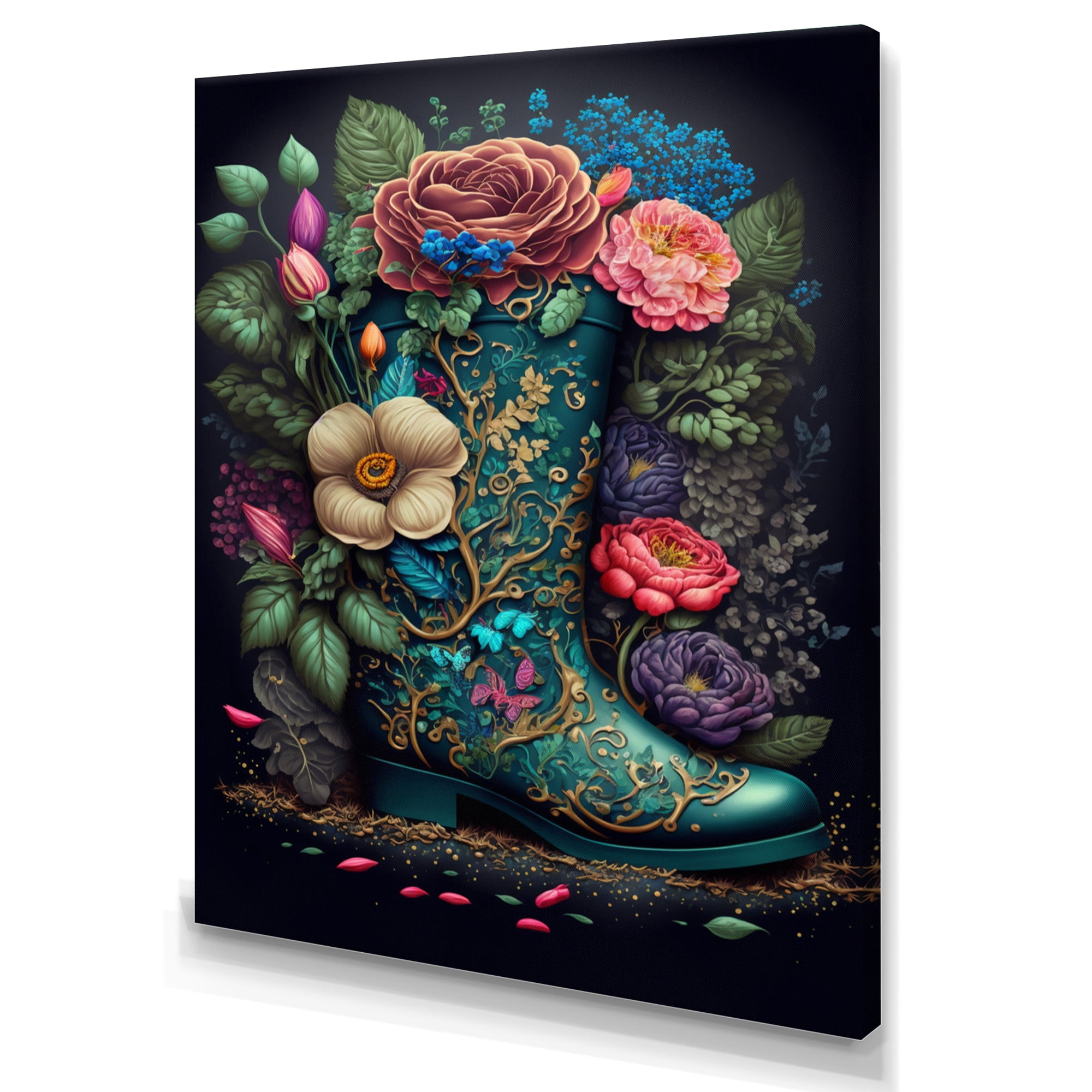 Designart Bright Floral Bouquet In Farm Boots II Canvas Wall Art