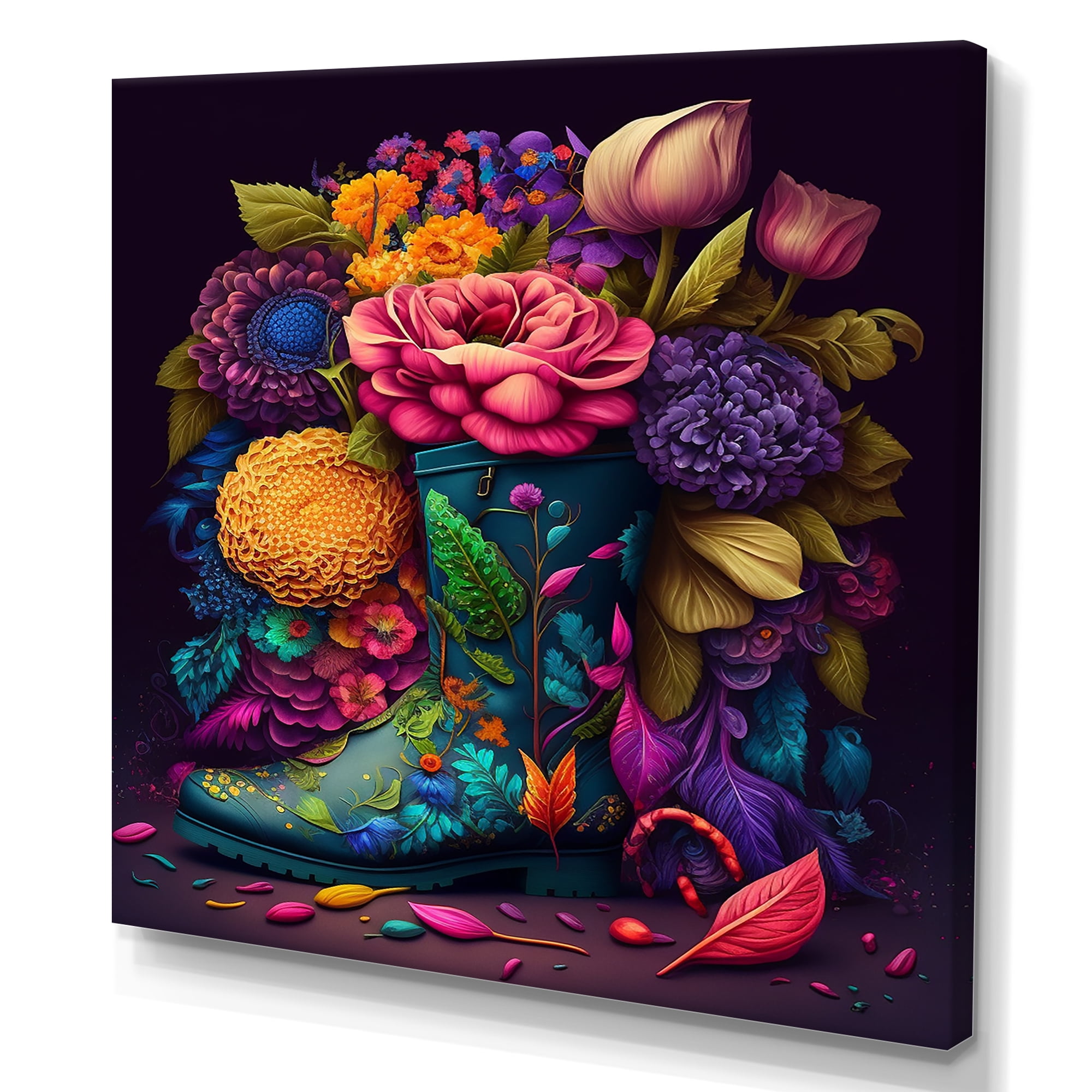 Designart Bright Floral Bouquet In Farm Boots III Canvas Wall Art