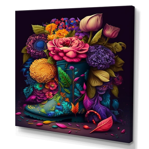 Designart Bright Floral Bouquet In Farm Boots III Canvas Wall Art