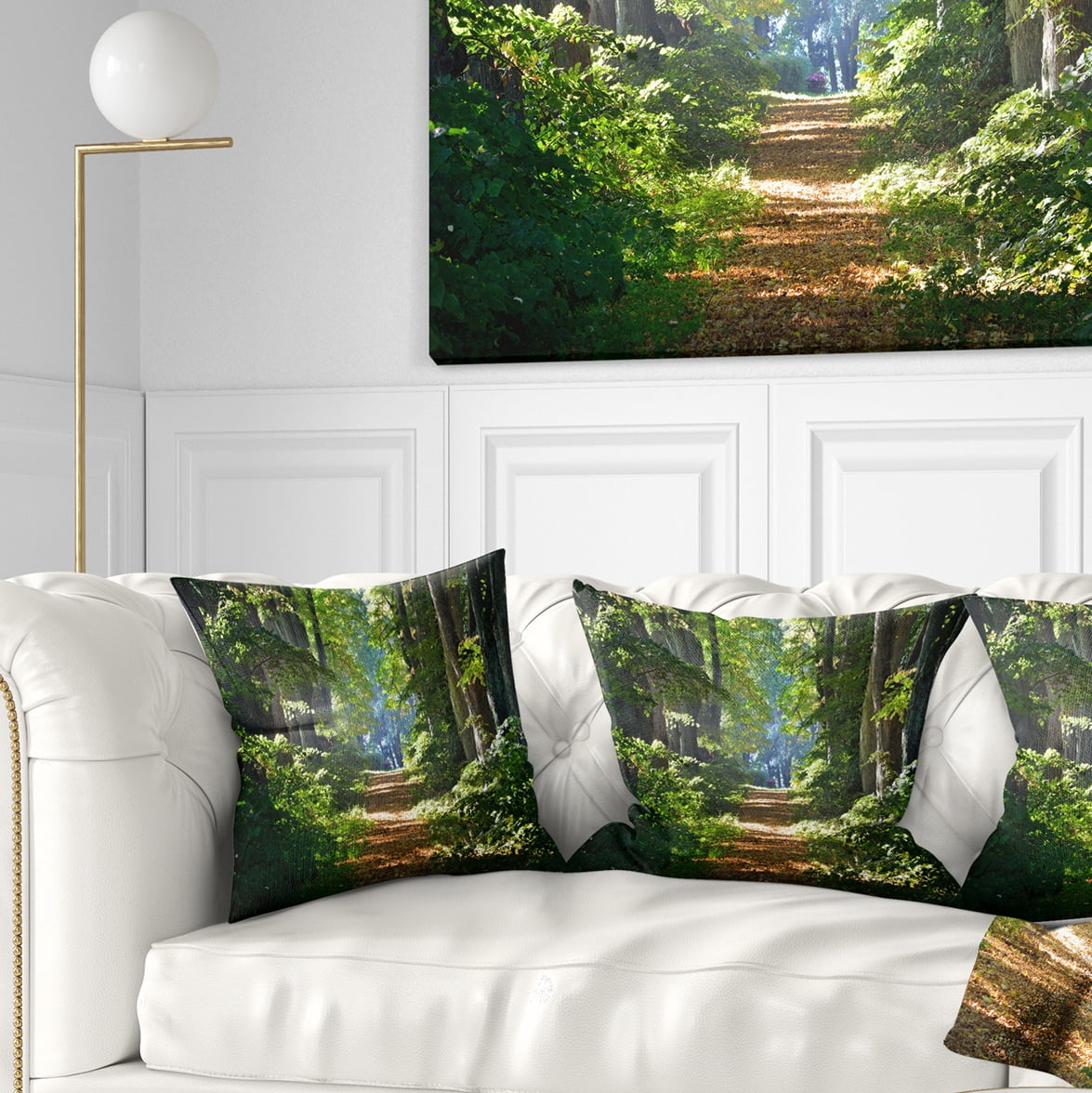 Designart Bright Green Forest in Morning - Landscape Photography Throw Pillow - 18x18